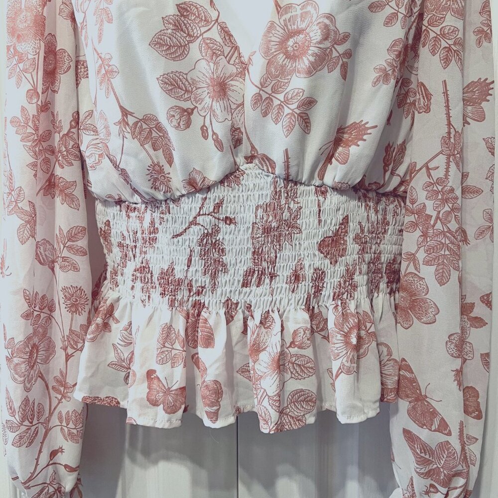 Anthropologie Lulumari-Long Fairy Sleeves-Sheer-Peplum Fitted Waist-V Neck-Med - Picture 7 of 15